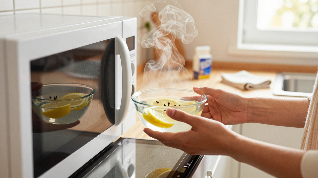Pessoa a retirar tigela com fatias de limão e vapor do micro-ondas numa cozinha.
