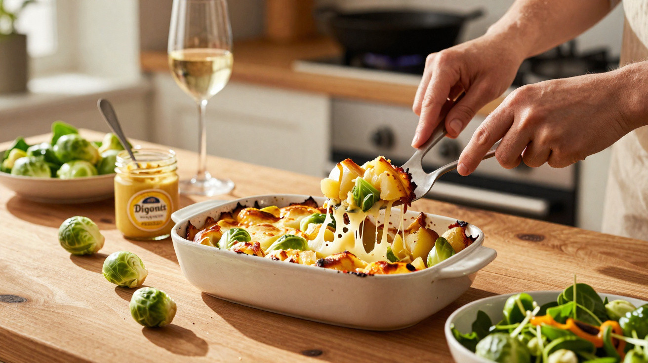 Pessoa a servir um prato de gratinado com queijo, batata e couve de Bruxelas numa cozinha moderna.