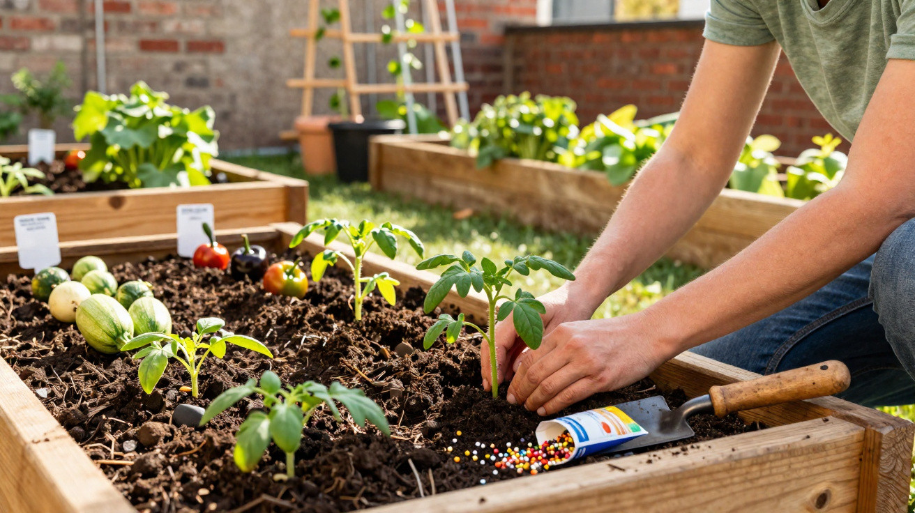 Pessoa a plantar tomates jovens em canteiro elevado com fertilizante granular e enxada de madeira.