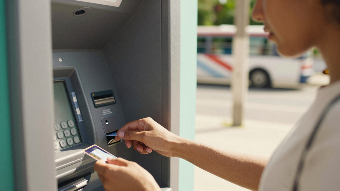 Pessoa a inserir cartão num multibanco ao ar livre com autocarro desfocado ao fundo.