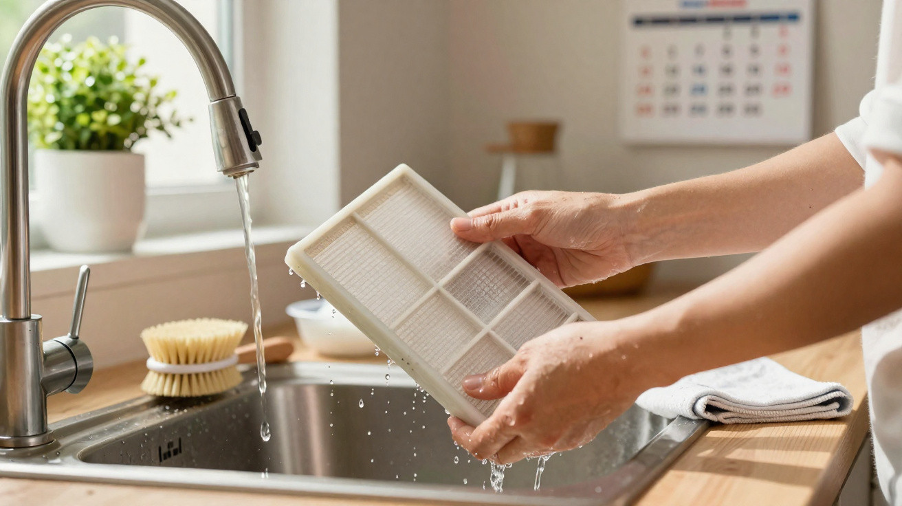 Pessoa a lavar um filtro branco de eletrodoméstico numa pia com torneira aberta numa cozinha.