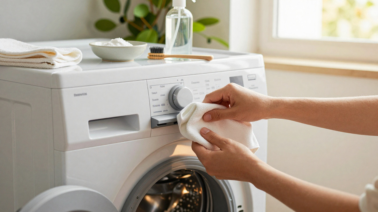 Mãos a limpar um puxador da máquina de lavar roupa branca com um pano branco, em ambiente luminoso.