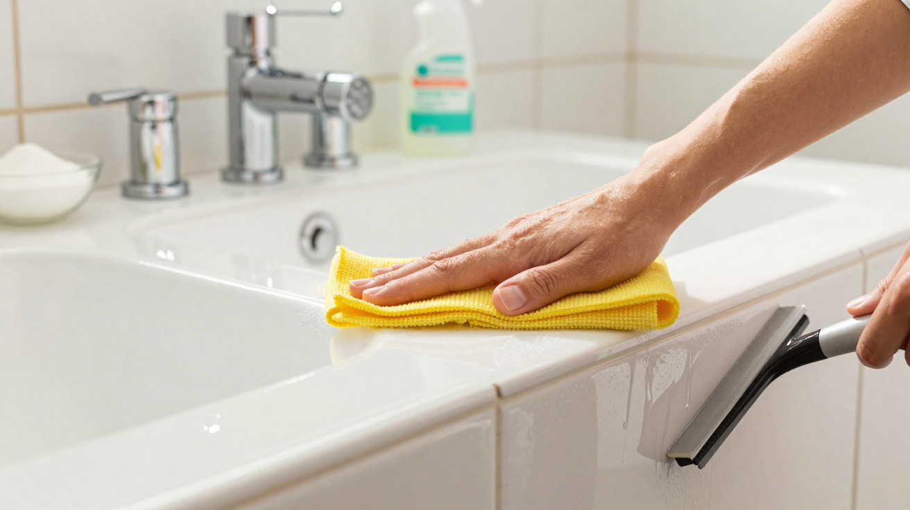 Pessoa a limpar com pano amarelo e esfregona a borda de uma banheira branca numa casa de banho.