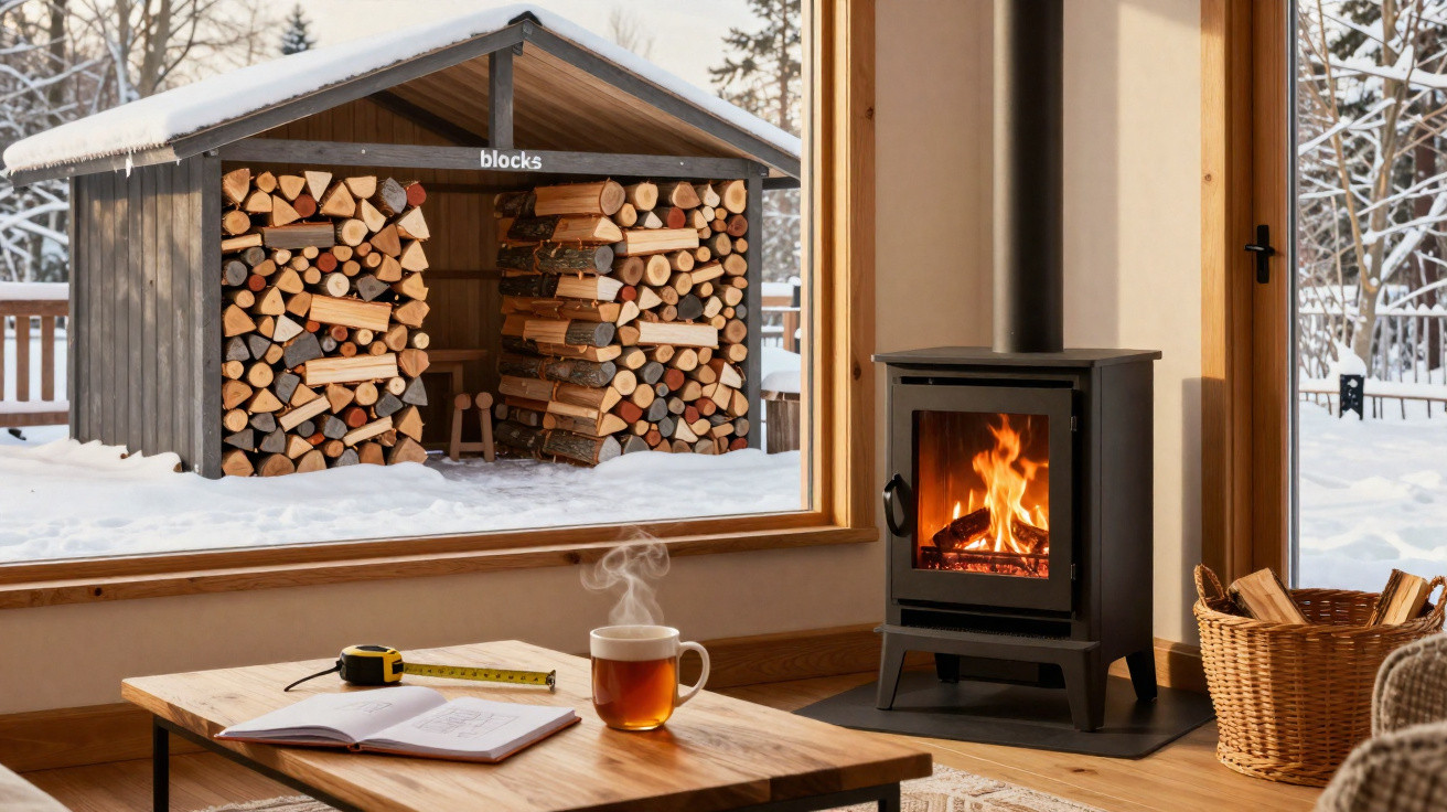 Sala acolhedora com lareira acesa, chá fumegante numa mesa e lenha empilhada exterior na neve.