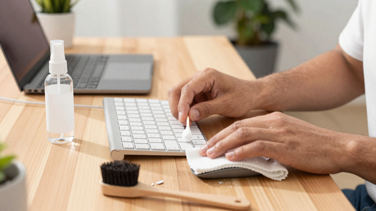 Pessoa a limpar teclado de computador com escova pequena e pano num escritório com plantas ao fundo.