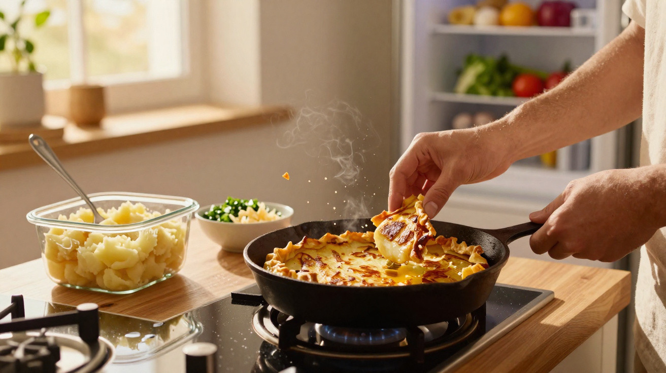 Mãos a cozinhar batata gratinada numa frigideira preta sobre fogão a gás numa cozinha luminosa.