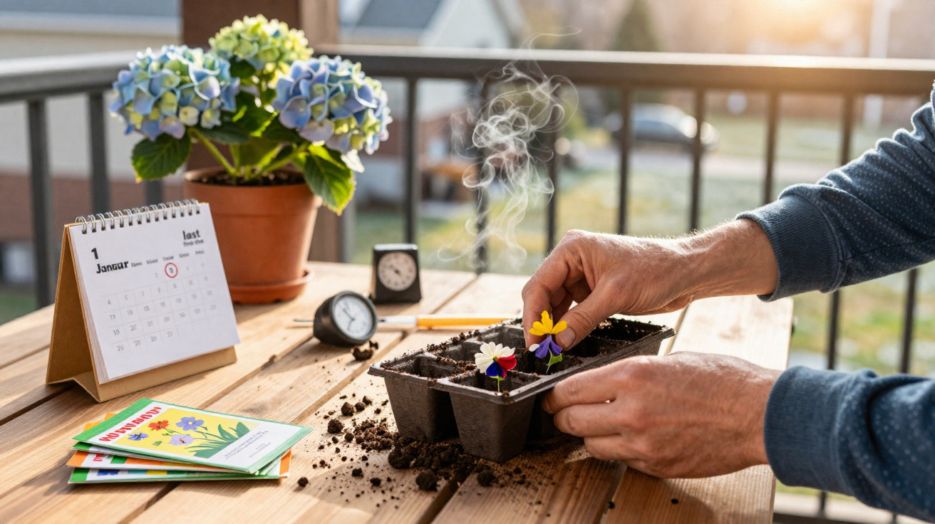 Mãos a plantar flores numa caixa de mudas, com calendário, vasos e termómetros numa mesa de madeira ao ar livre.