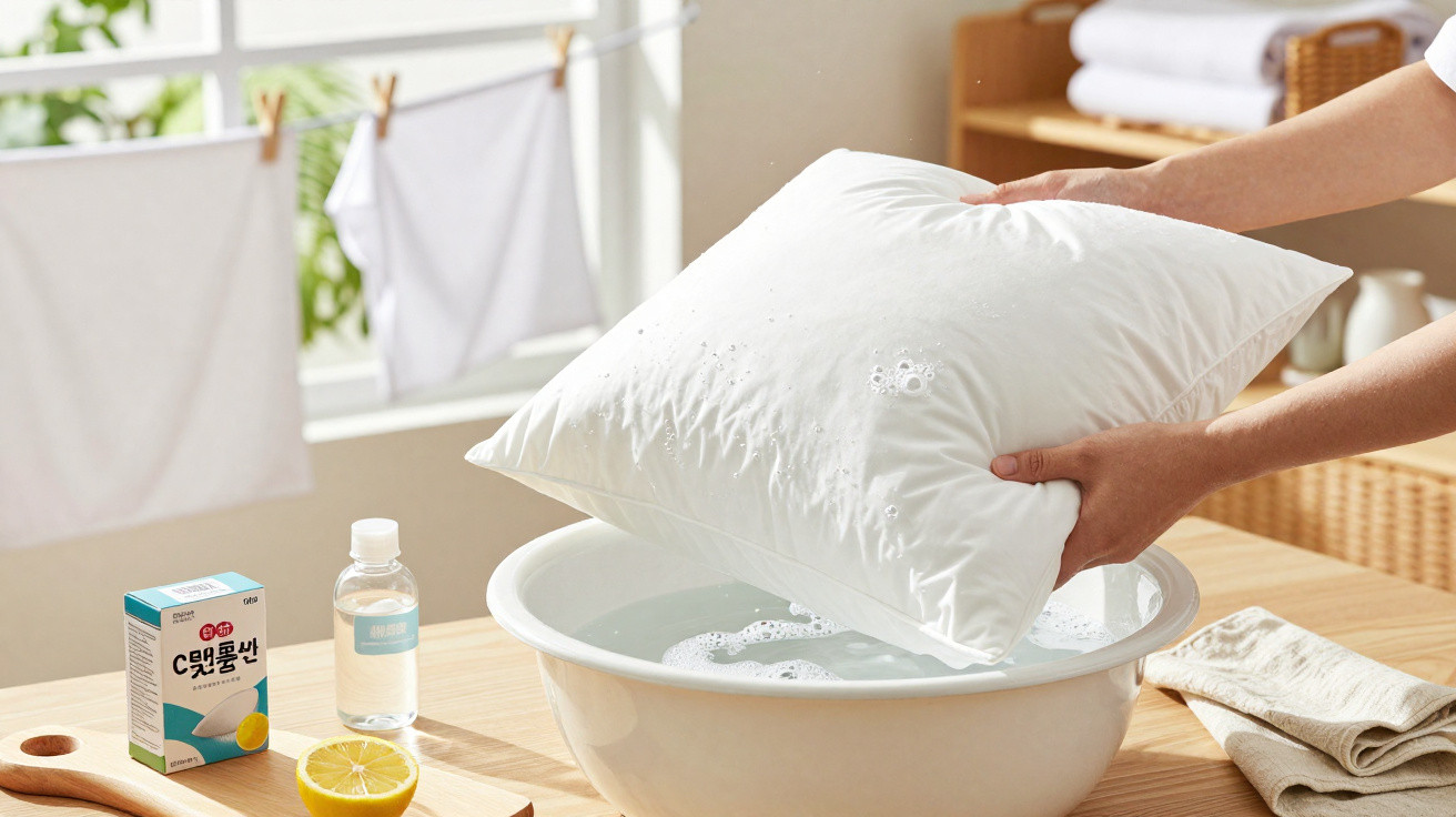 Pessoa lavando uma almofada branca numa bacia com detergente, produto de limpeza e limão numa mesa de madeira.