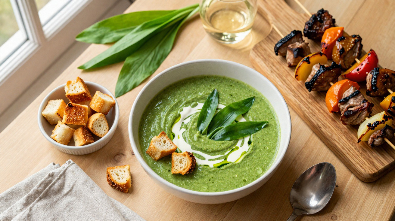 Sopa cremosa verde com folhas de alho-francês, pão tostado, espetadas de carne com legumes e copo de bebida.