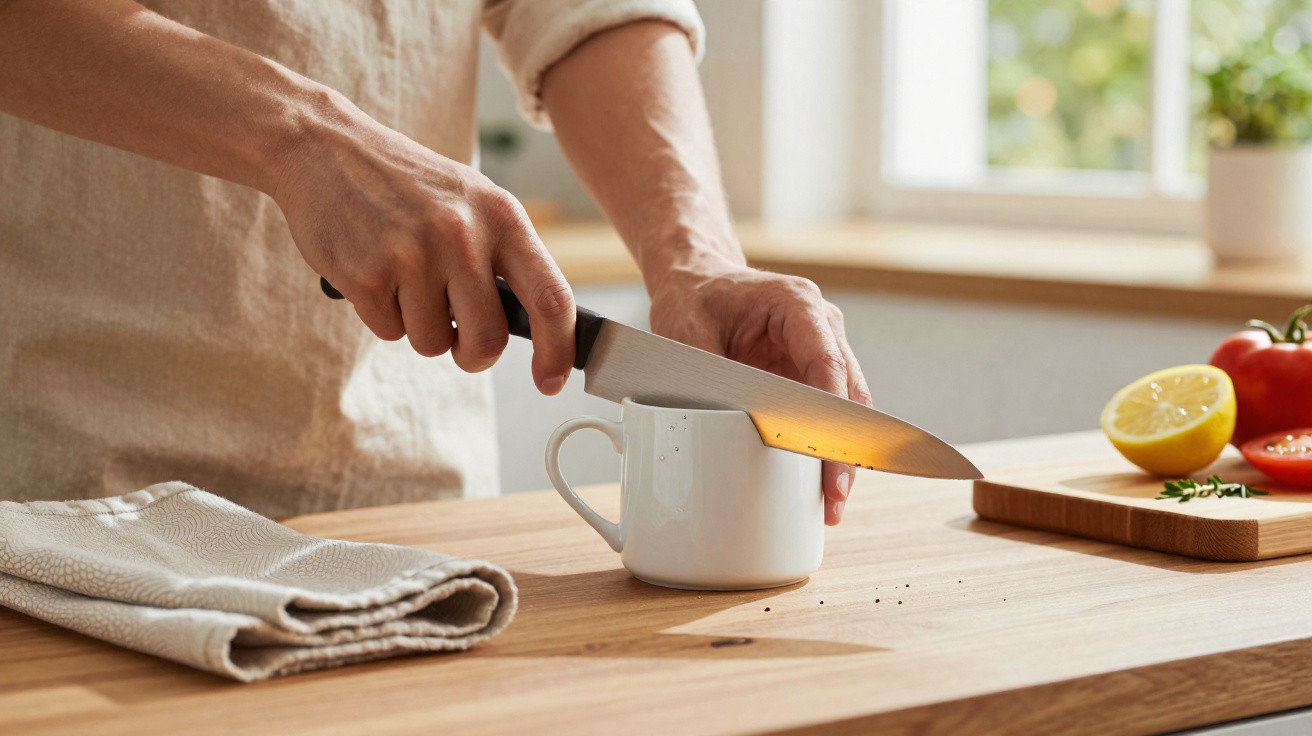 Pessoa a cortar ervas com faca junto a chávena branca numa bancada de cozinha iluminada.