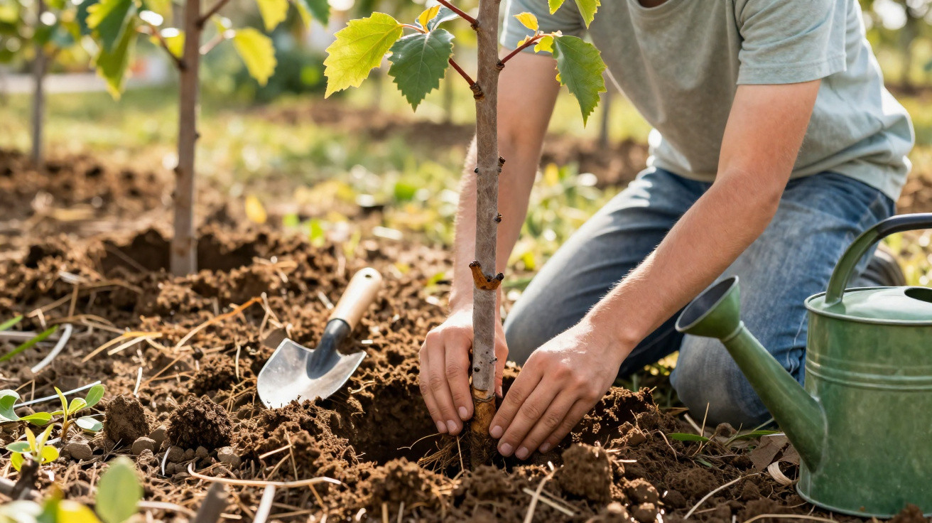 Pessoa a plantar uma árvore jovem num solo de terra solta com regador e pá ao lado.