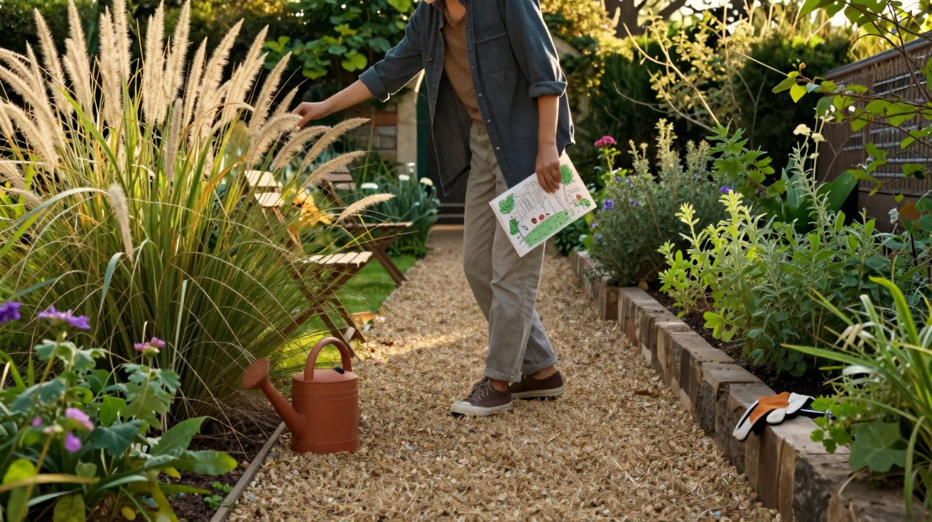 Pessoa a cuidar de um jardim com plantações, segurando um desenho e perto de um regador vermelho.
