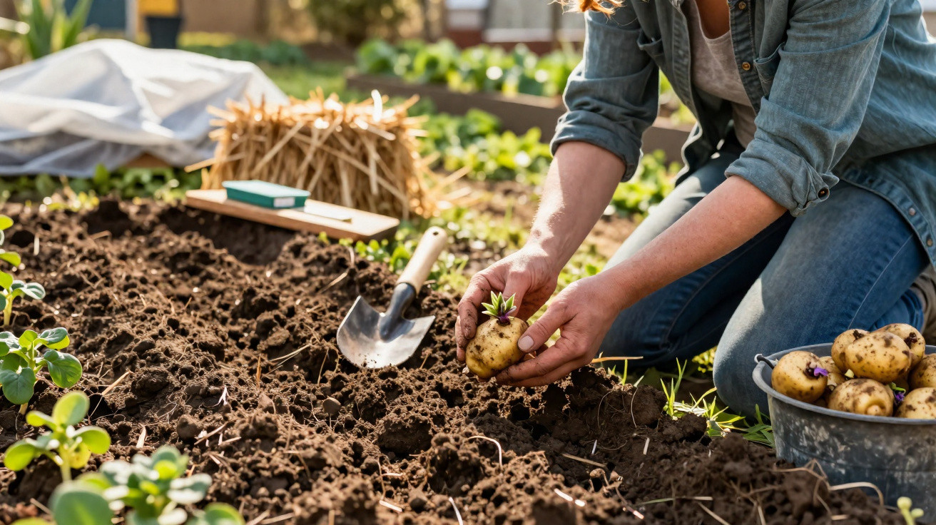 Pessoa a plantar batatas num jardim com terra fofa, usando roupas casuais e uma pá de jardinagem ao lado.