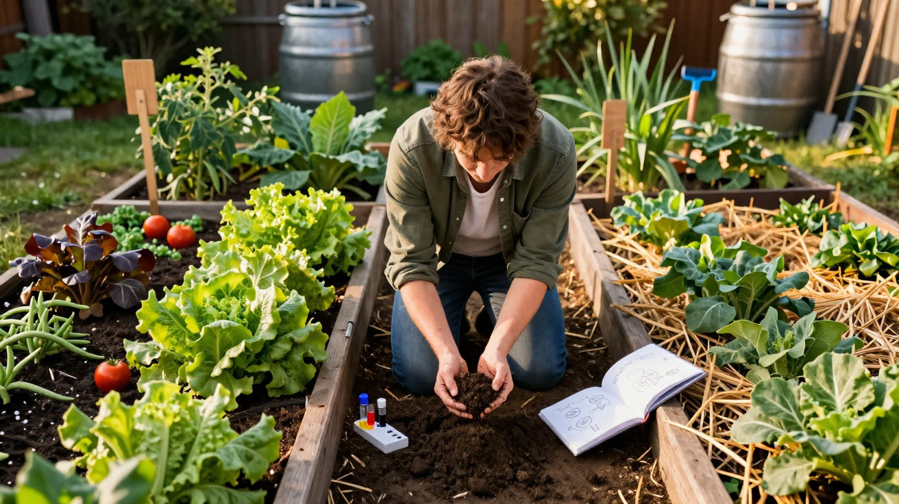 Pessoa a analisar terra em canteiro com vegetais numa horta doméstica ao ar livre.