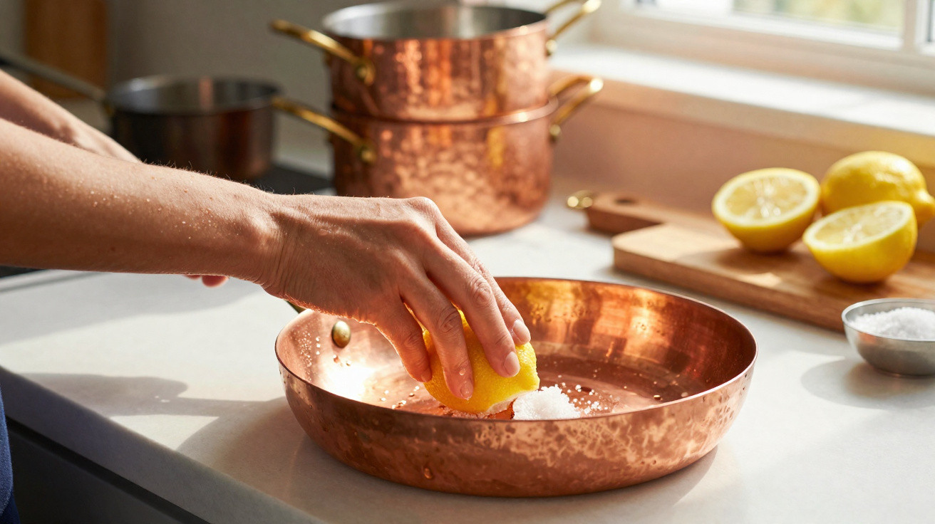 Mão a esfregar meio limão com sal num tacho de cobre numa bancada iluminada por luz natural.