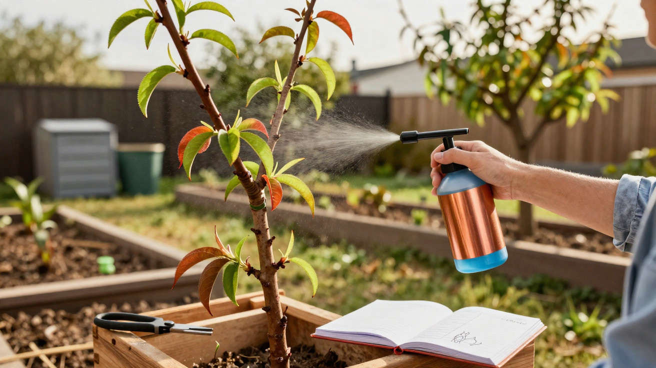 Pessoa pulveriza planta jovem num jardim urbano com caderno e tesoura em vaso de madeira.