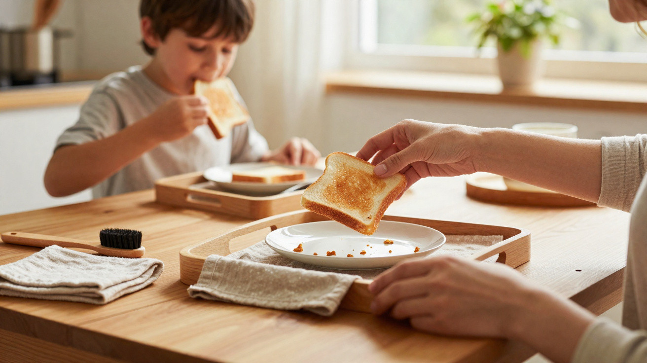 Criança e adulto a comerem tostas numa mesa de cozinha em ambiente ensolarado e acolhedor.