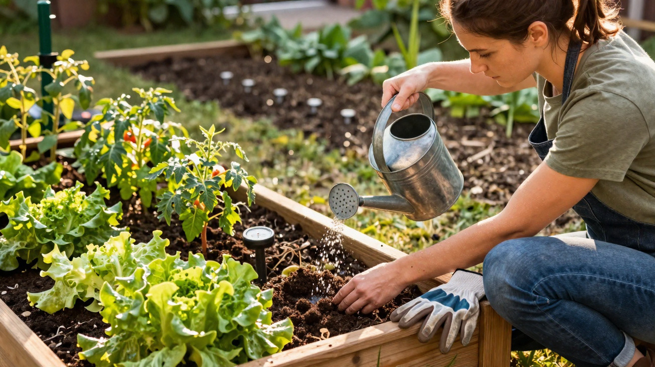 Mulher a regar plantas numa horta urbana com regador metálico em dia ensolarado.
