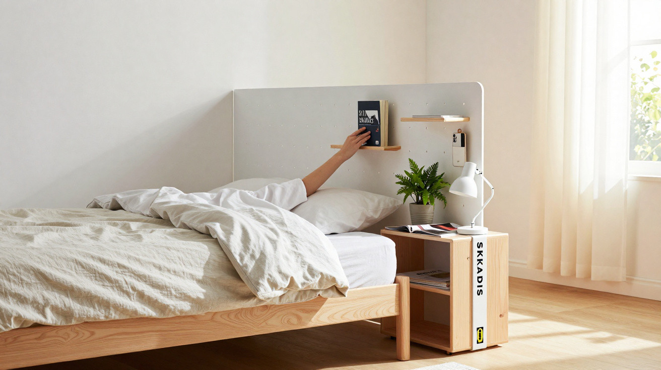 Pessoa deitada na cama estende a mão para apanhar um livro numa prateleira ao lado da cabeceira.