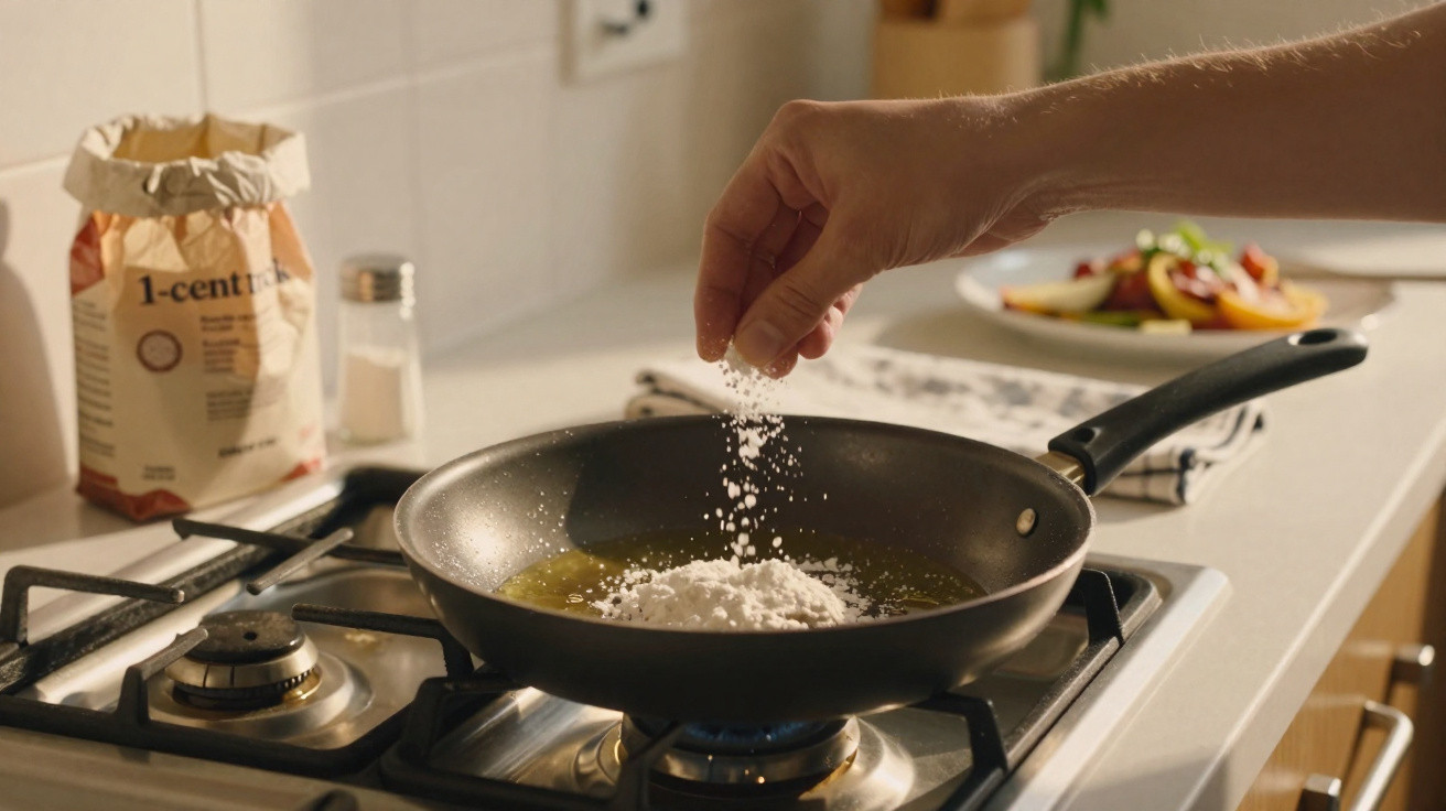 Mão a adicionar farinha numa frigideira com óleo sobre fogão a gás numa cozinha moderna.