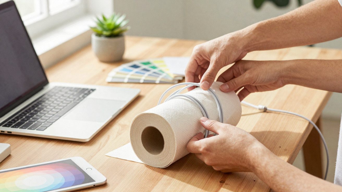 Mãos a enrolar um cabo elétrico em rolo de papel absorvente numa mesa com computador portátil e tablet.