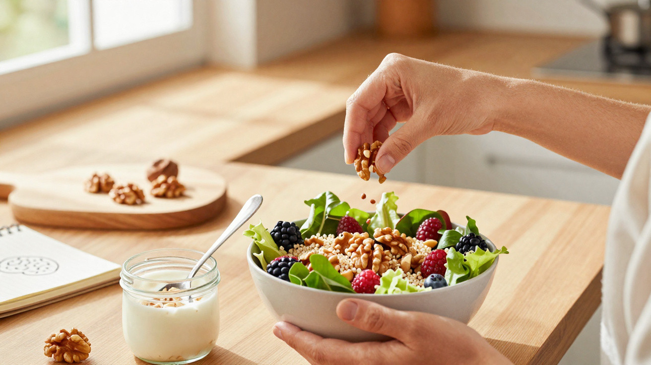 Pessoa a adicionar nozes a uma salada com frutos vermelhos e folhas verdes numa cozinha luminosa.