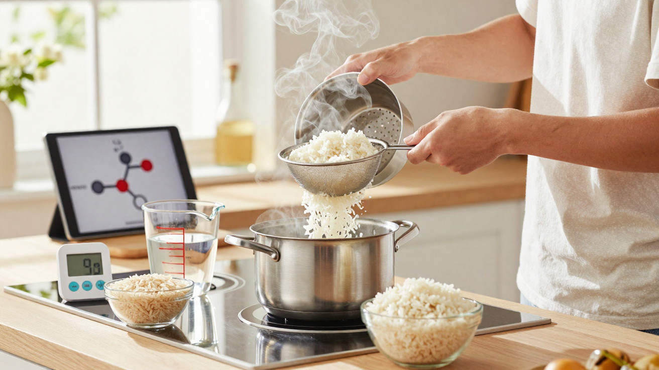 Pessoa a coar arroz cozido usando um coador de metal numa cozinha moderna, com vapor visível.
