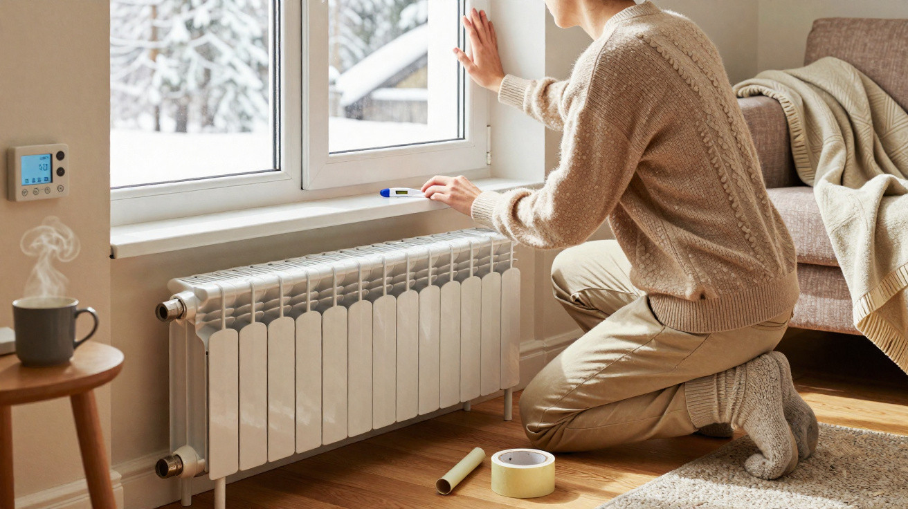 Pessoa em casa a ajustar termóstato junto a radiador, com vista para neve no exterior pela janela.