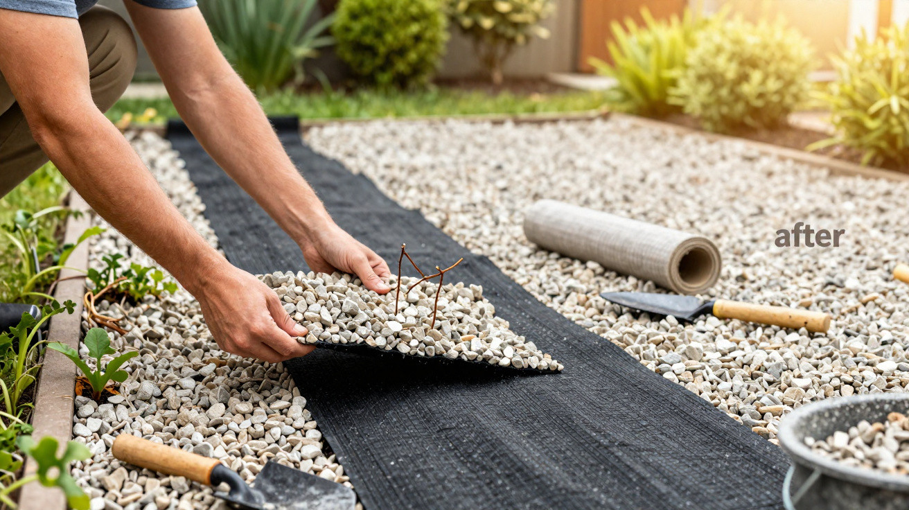 Pessoa a colocar pedras decorativas numa superfície negra num jardim com plantas e ferramentas por perto.