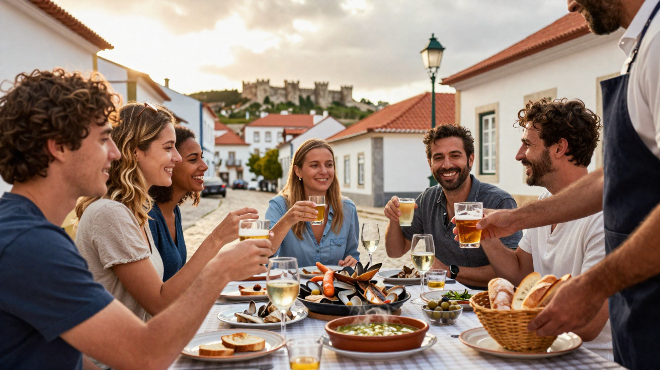 Grupo de amigos brindando com bebidas ao ar livre numa mesa com pratos de marisco numa aldeia tradicional portuguesa.