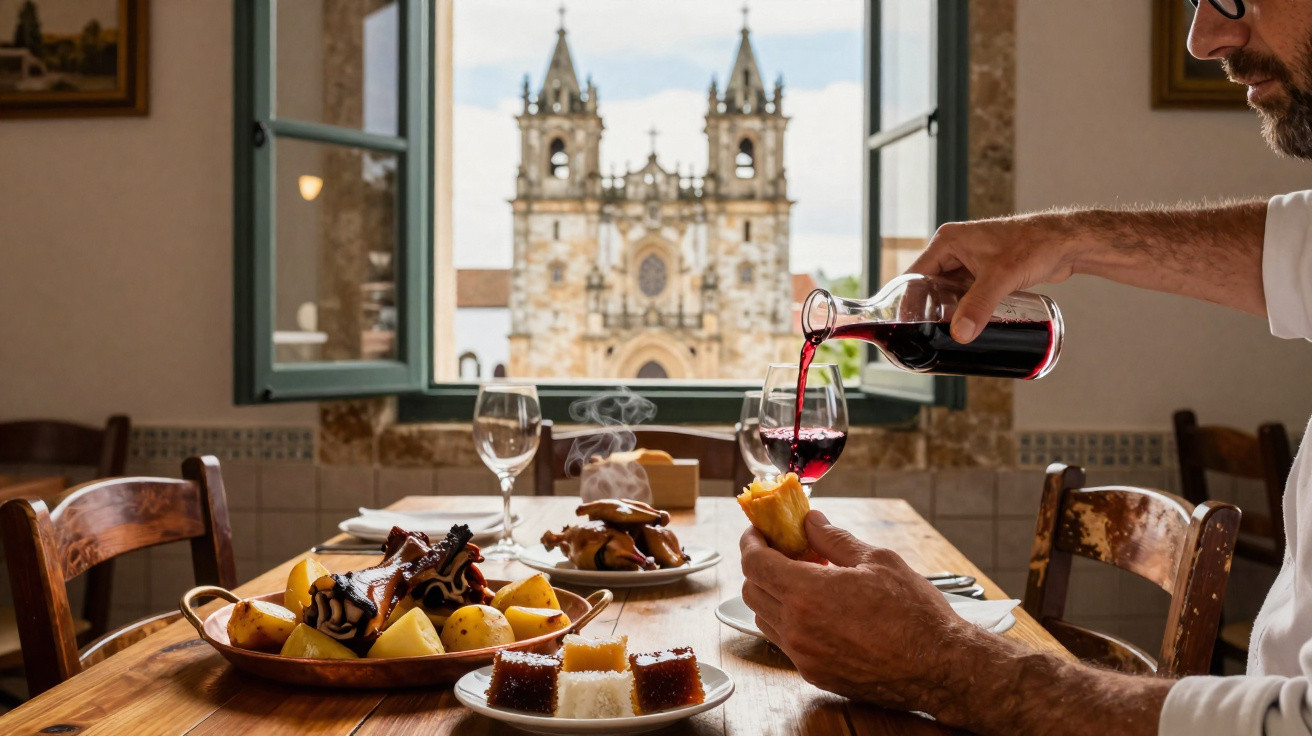 Mesa com comida típica, vinho tinto e vista para igreja histórica pela janela aberta.