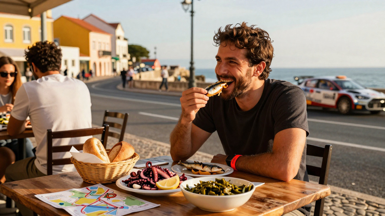 Homem a comer peixe grelhado sentado numa esplanada com mar ao fundo e pratos de marisco na mesa.