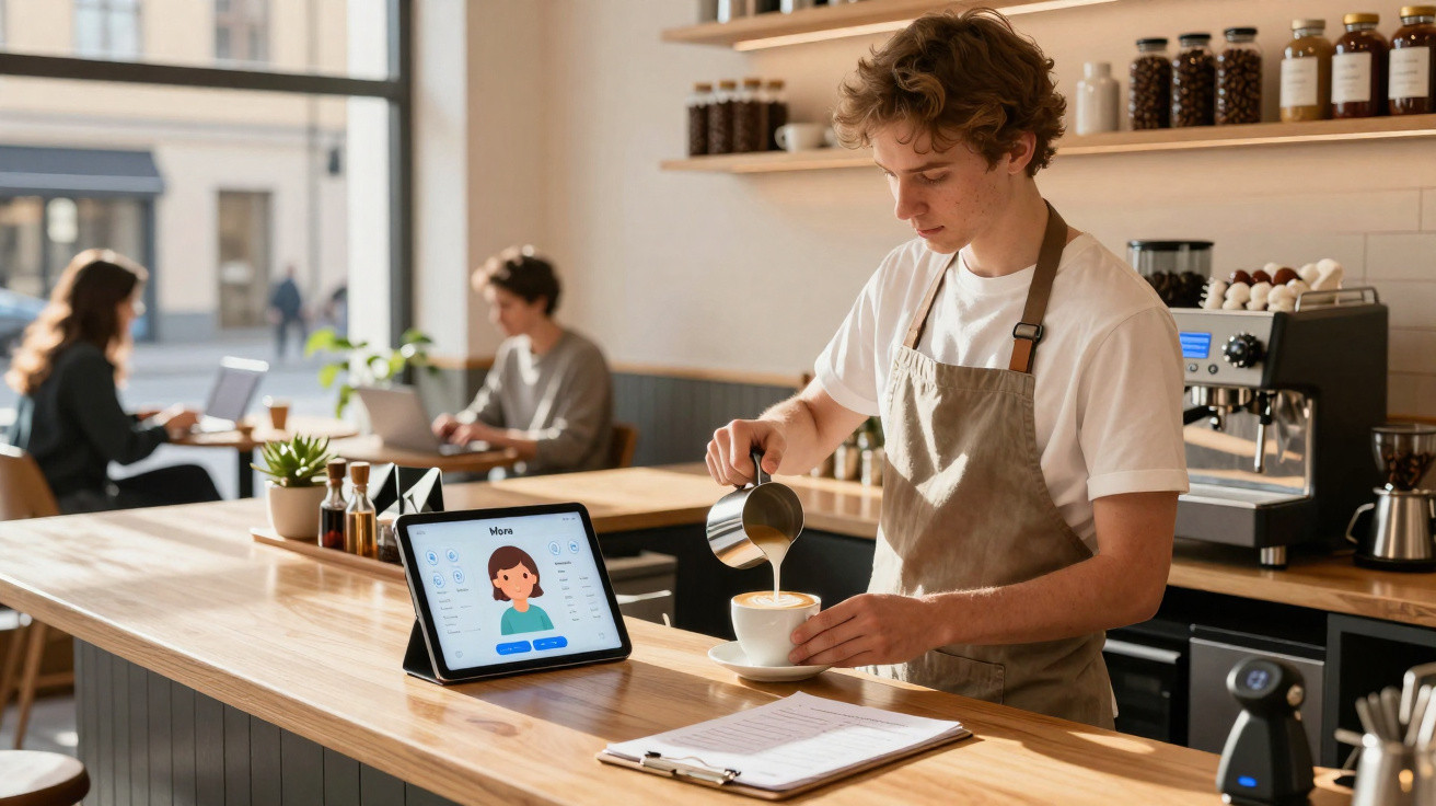 Barista a preparar café com leite num café moderno com clientes a trabalhar ao fundo.
