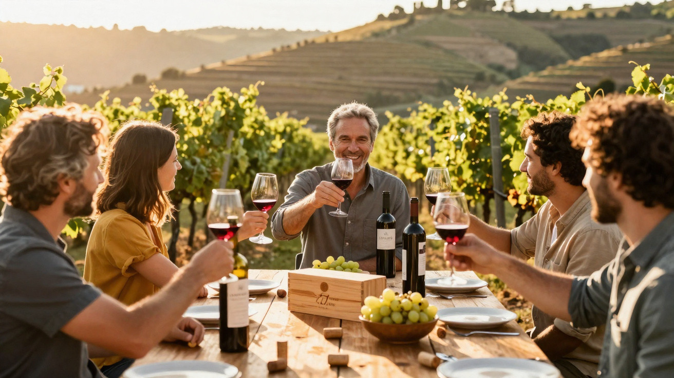 Grupo de cinco pessoas a brindar com vinho tinto numa mesa ao ar livre numa vinha ao pôr do sol.
