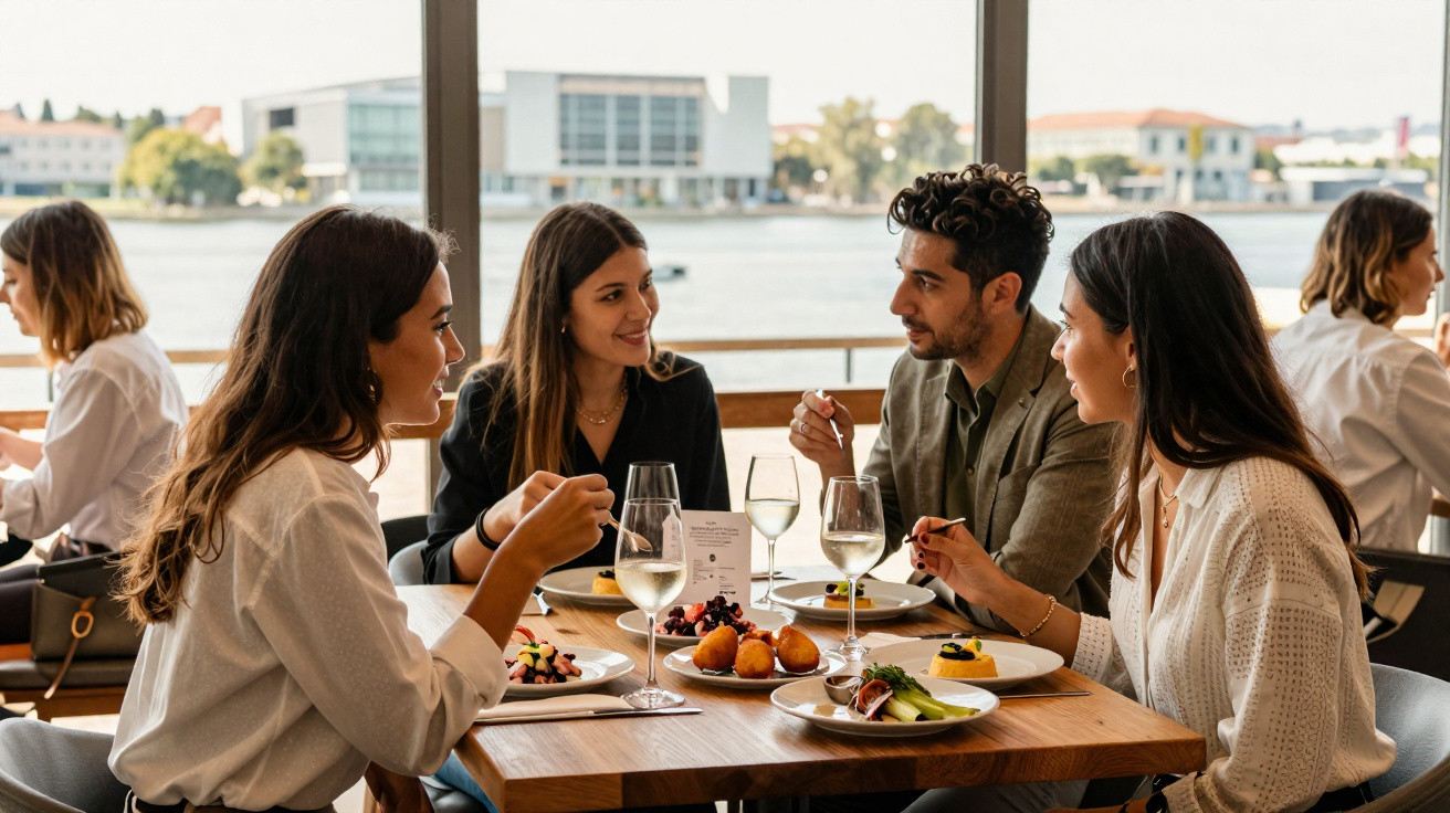 Quatro pessoas a conversar e a jantar num restaurante com vista para a água e edifícios ao fundo.