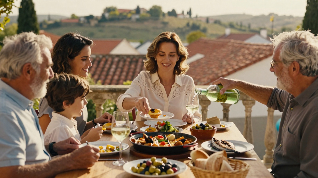 Família multigeracional a jantar ao ar livre numa mesa com pratos mediterrâneos e vinho branco.
