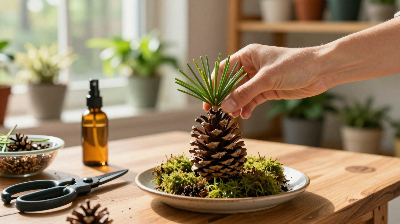 Mão a decorar cone de pinheiro com raminho verde, numa mesa com musgo, tesoura e frasco de spray.