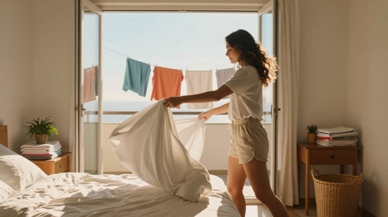 Mulher a estender roupa num quarto iluminado com varanda e roupa colorida pendurada ao sol.