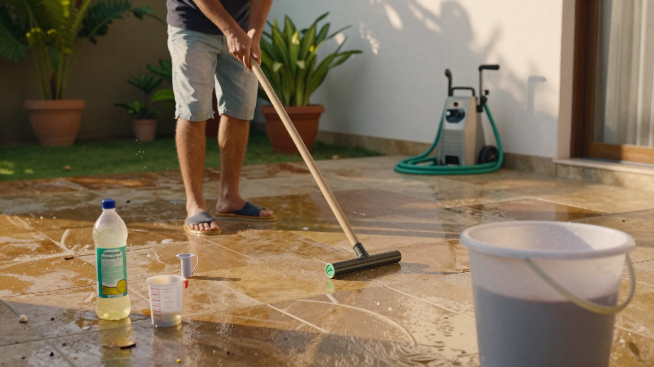 Pessoa a lavar o chão exterior com esfregona, rodeada de produtos de limpeza e balde branco.