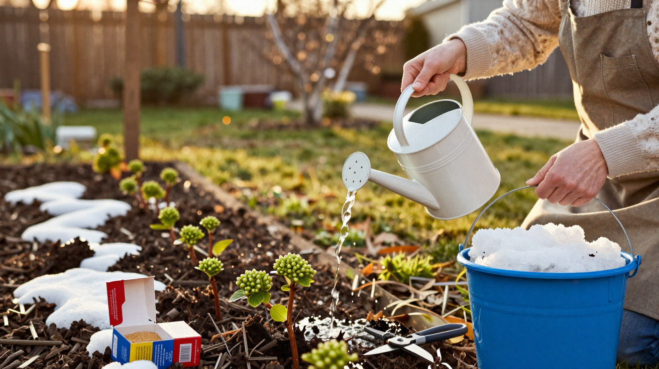 Pessoa a regar pequenas plantas num jardim com regador branco e balde azul com neve.