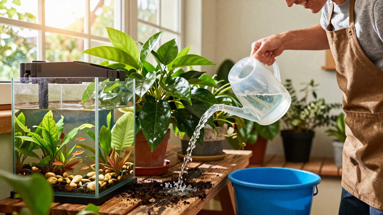 Pessoa a regar plantas num ambiente iluminado com aquário e várias plantas em vasos ao lado.
