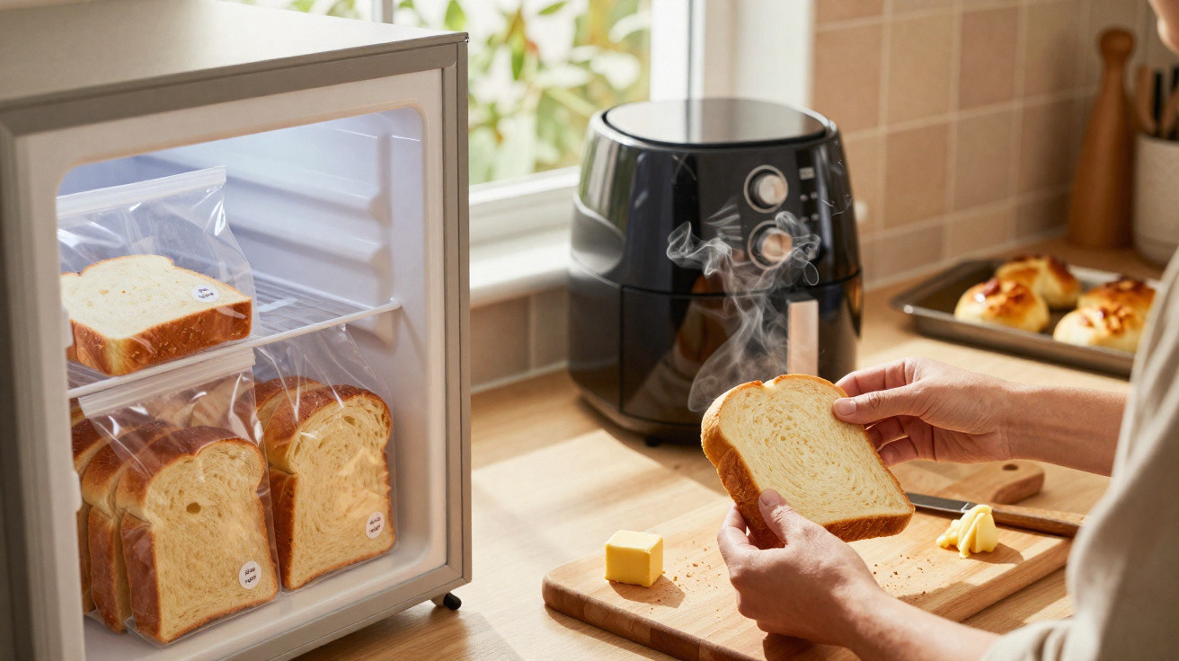 Mãos seguram fatia de pão quente com vapor numa cozinha, ao lado de pão embalado e azeiteira na bancada.