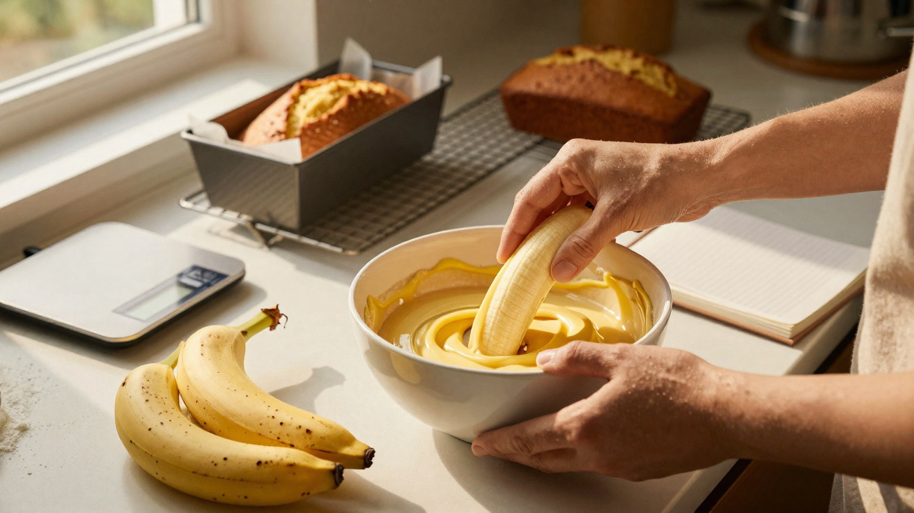 Pessoa a mergulhar uma banana numa taça com massa para bolo na cozinha junto a bananas e bolos recém-assados.