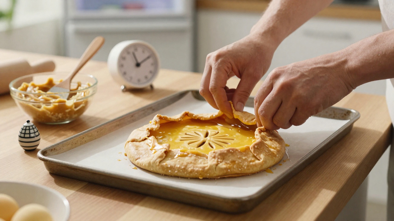 Mãos a fechar bordas de tarte com recheio amarelo num tabuleiro, com tigela e relógio no fundo.