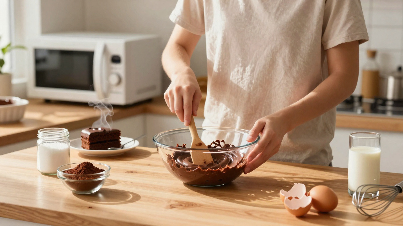 Pessoa a mexer chocolate derretido numa taça de vidro numa cozinha com ingredientes para sobremesa.