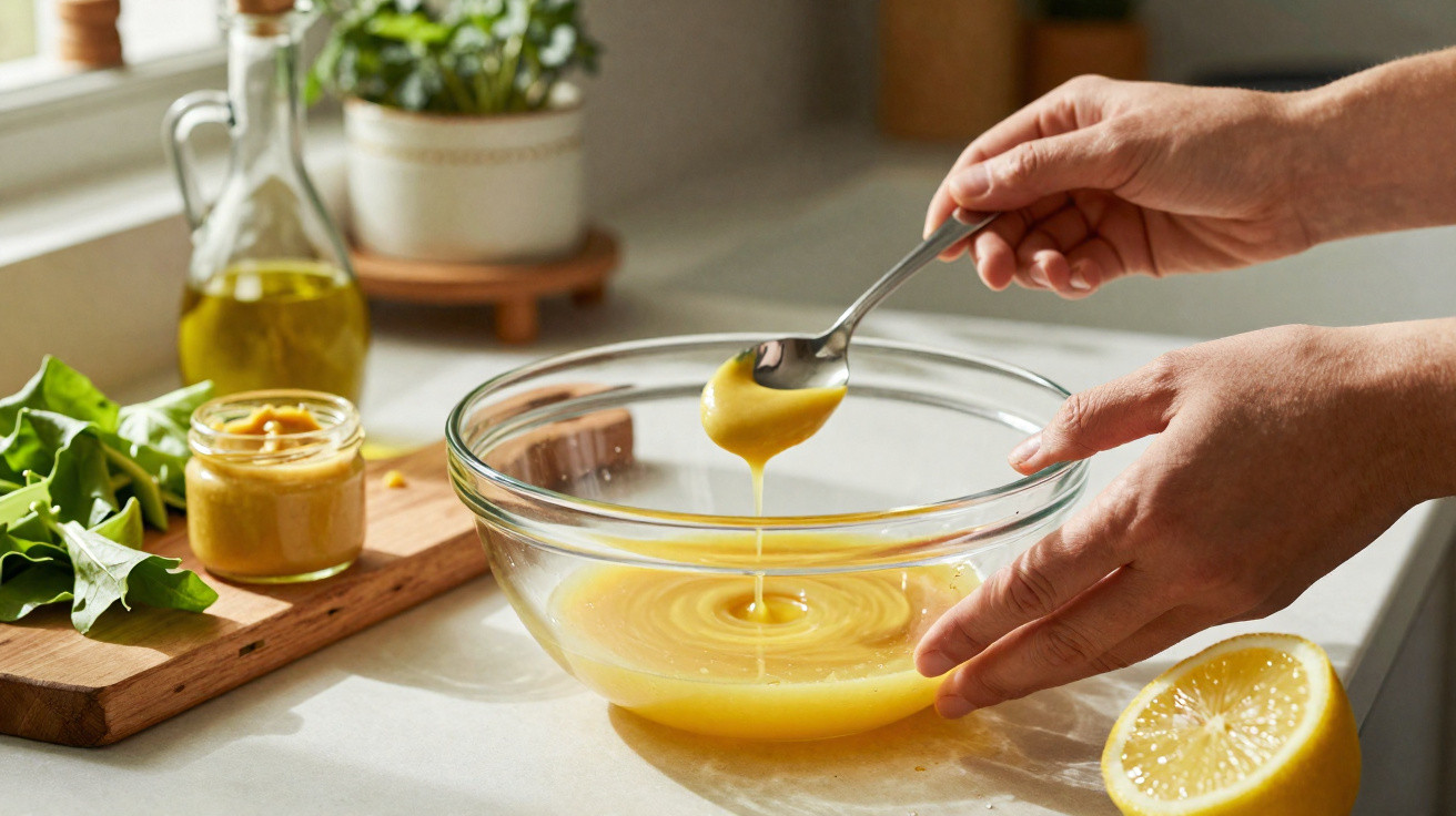 Pessoa a mexer molho amarelo numa taça de vidro na cozinha com limão, azeite e folhas verdes ao lado.