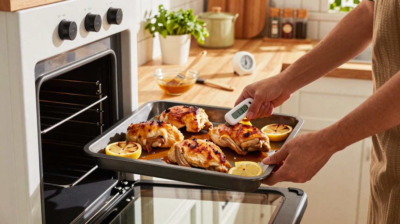 Pessoa a retirar tabuleiro com frango assado e rodelas de limão do forno usando termómetro de cozinha.