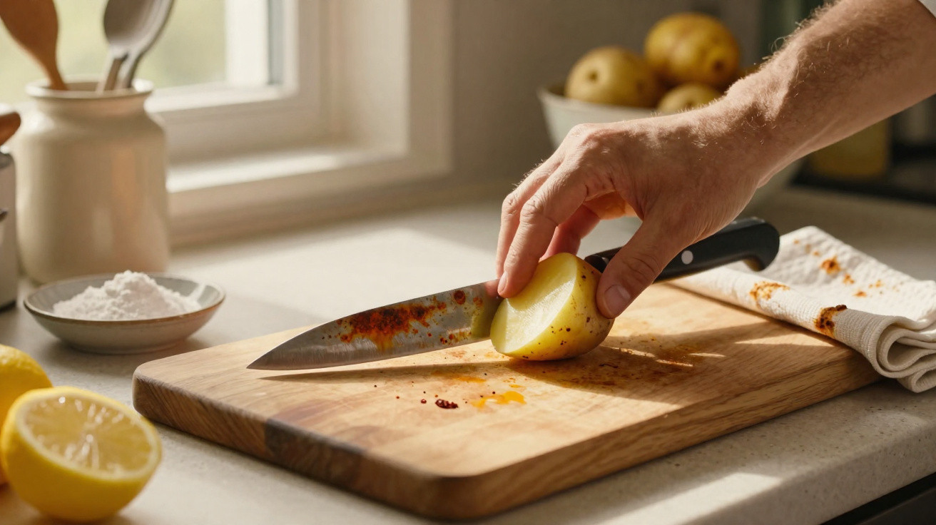 Mão a cortar batata ao meio com faca sobre tábua de madeira numa cozinha iluminada pela luz natural.