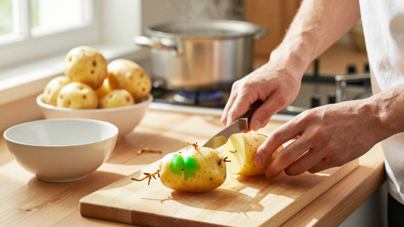 Pessoa a cortar batata com partes verdes visíveis numa tábua de madeira numa cozinha iluminada.