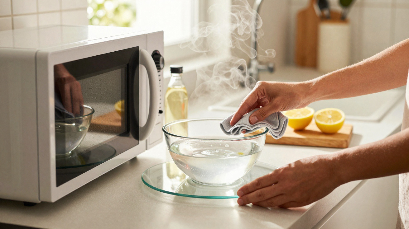 Mãos a retirar tigela com água quente fumegante do micro-ondas numa cozinha moderna.